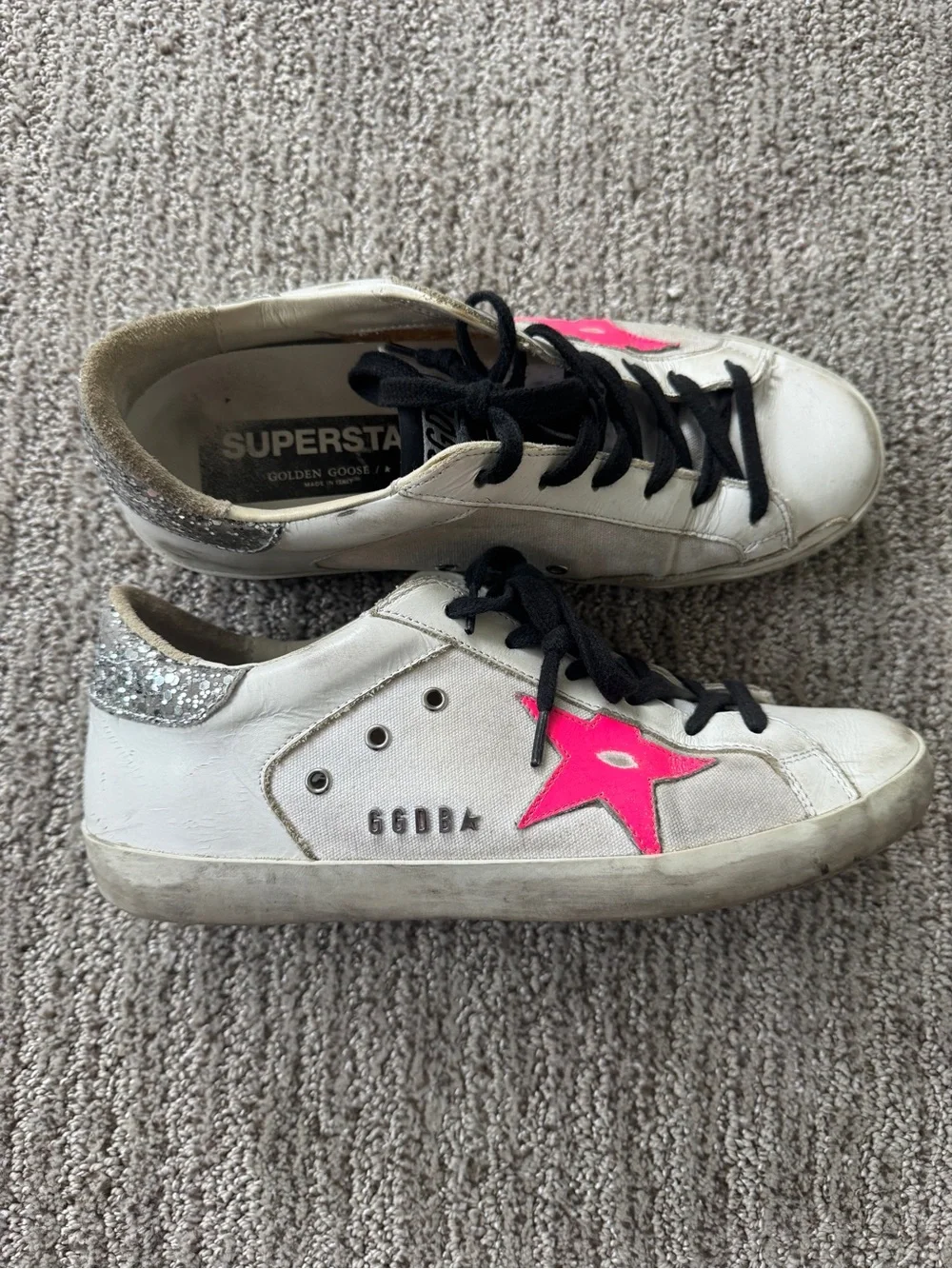 Golden Goose White Sneakers with Hot Pink Star and Black Laces